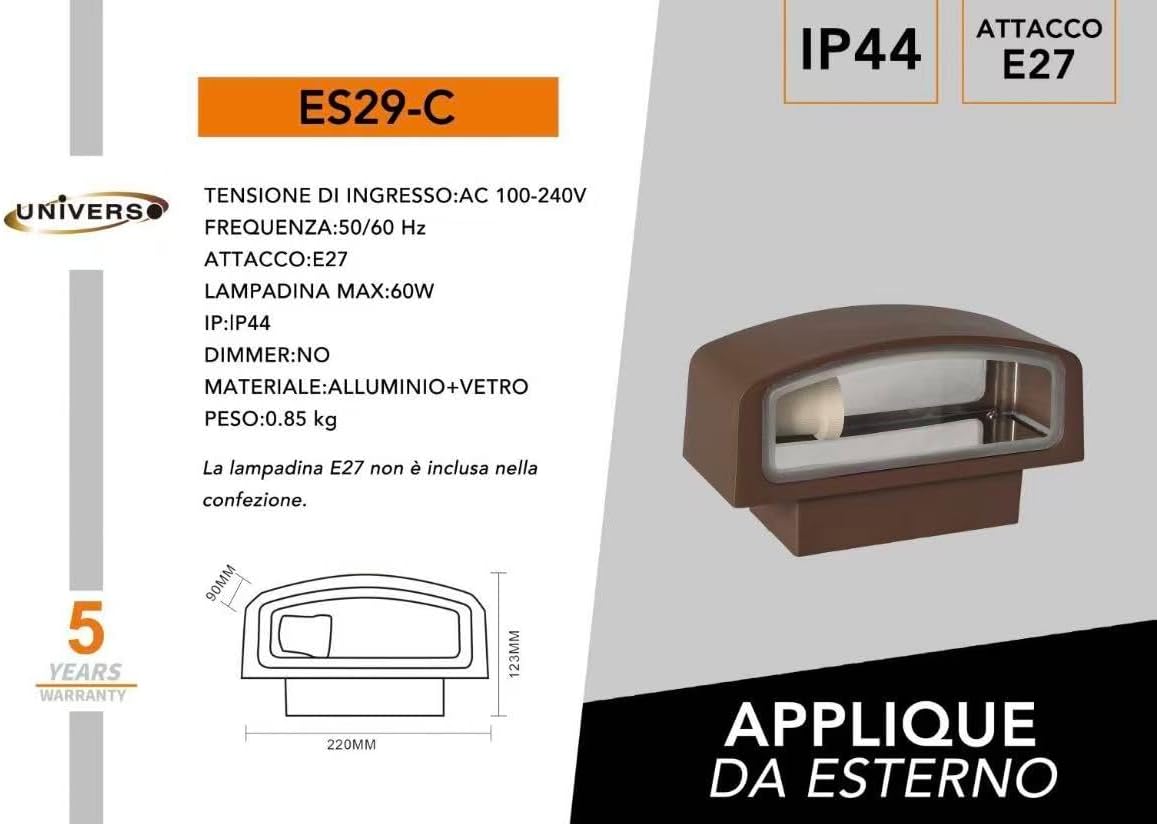 Applique lampada da muro parete in alluminio e vetro per esterno casa locali terrazza IP65 con attacco per lampadine E27 [lampadina esclusa] ES29