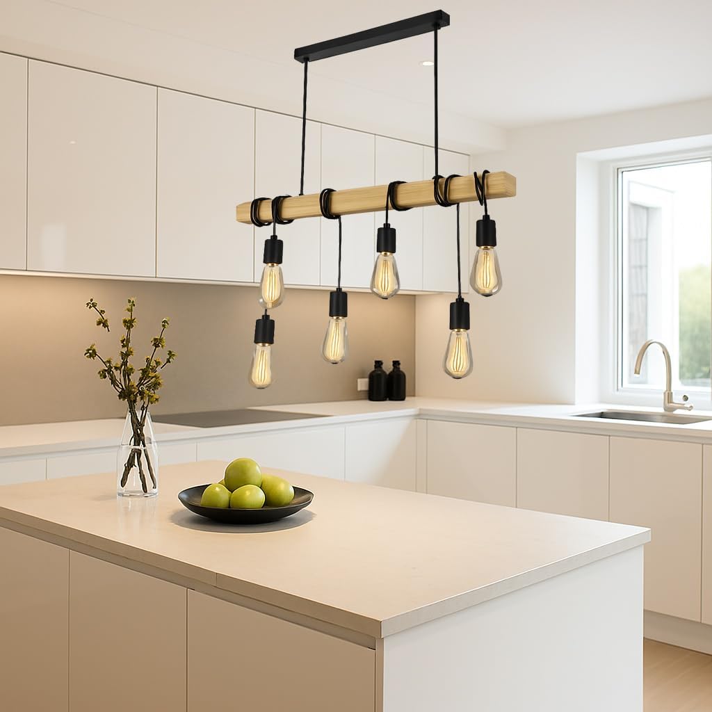 TEKHOME Lampada Sospesa a Soffitto con Paralume in Legno, Lampadario Design Industriale/Scandinavo con Attacco E27, per Cucina Isola Tavolo Bar, 110-240V, (Lampadina Non Inclusa) B47-6