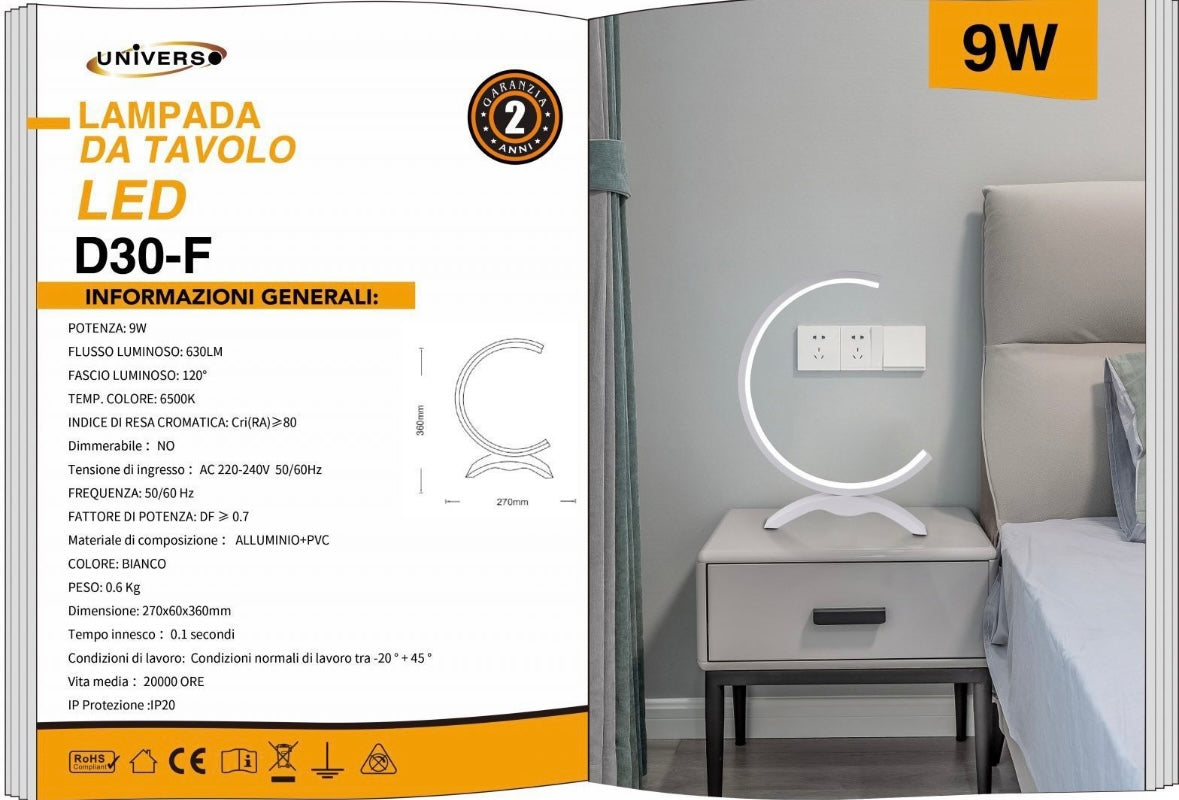 Lampada da Tavolo LED – Design Moderno a Mezzaluna, 9W 630LM, Luce Bianca 3000K/4000K/6500K, Lampada da Comodino e Scrivania, IP20  D30