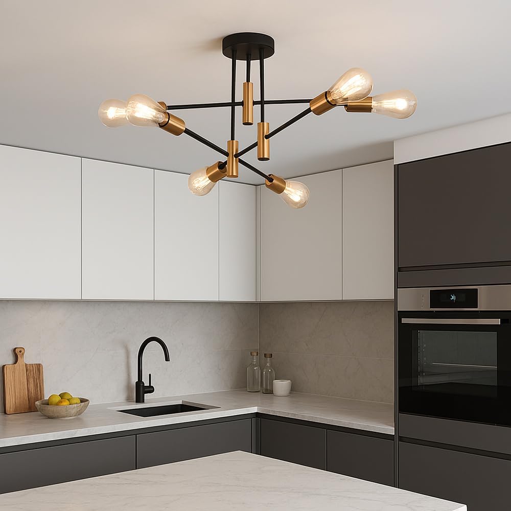 Plafoniera Moderna a Soffitto E27, Lampadario 6 Luci in Metallo Nero e Ottone, Stile Industriale per Soggiorno Cucina Camera da Letto – Attacco E27 (Lampadina Non Inclusa) PN-14