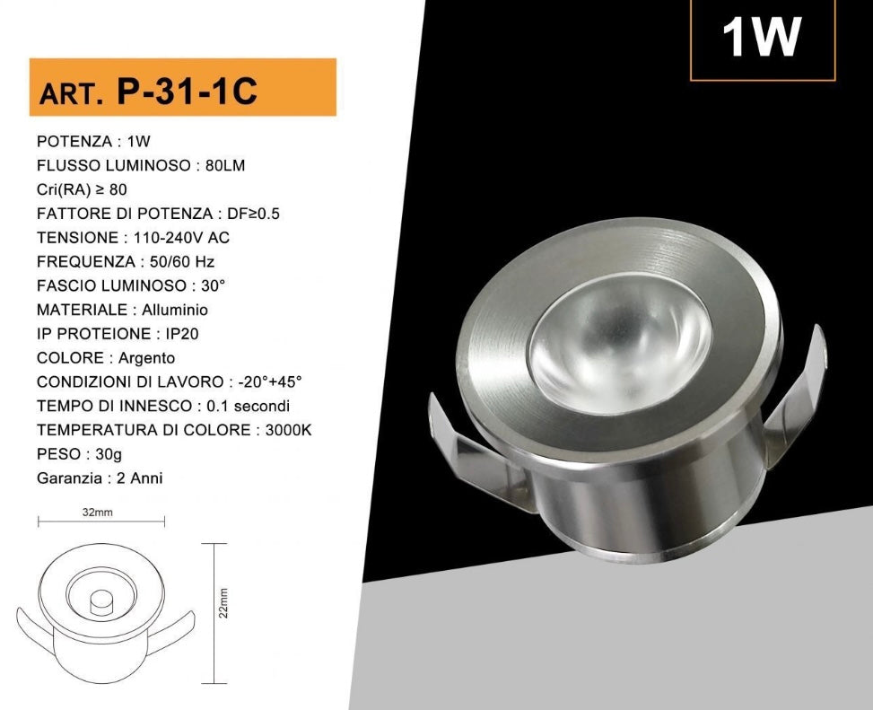 5 Pezzi,Faretti LED da Incasso 1W, Foro Ø32 mm, 80 lm, Luce 3000K/4000K/6500K o Rosso/Verde/Blu, Fascio 30°, AC 110-240V, Corpo in Alluminio, Modello P-31