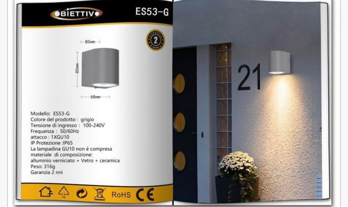 Applique da Esterno 1xGU10 IP65 – Lampada da Parete Impermeabile in Alluminio Verniciato, Luce Diretta, Ideale per Giardino, Balcone e Facciata, Senza Lampadina ES53