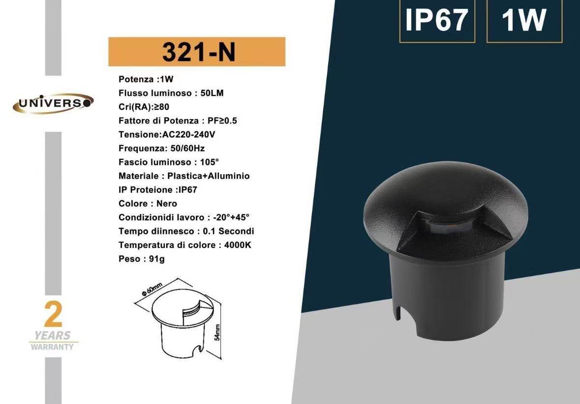 Lampada Segnapasso da Incasso a Terra LED 1W per Esterno, Luci da Pavimento Per Vialetto Giardino, Corpo Nero Alluminio, 3000K/4000K – Illuminazione da Esterno-321