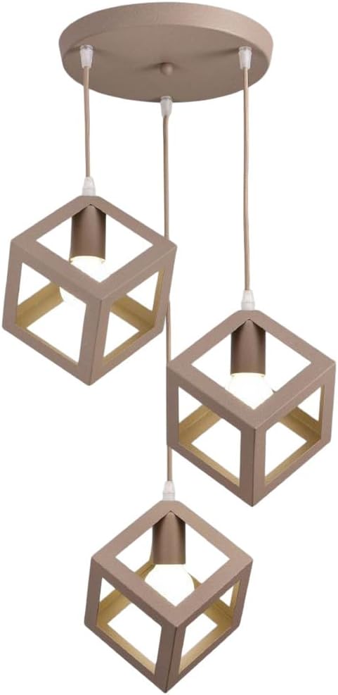 Lampadario a Sospensione con 3 Cubi Metallo, Attacco E27, Stile Moderno Industriale per Cucina Soggiorno Camera da Letto – 120cm Regolabile.Bianco/Nero/Marrone LP-47