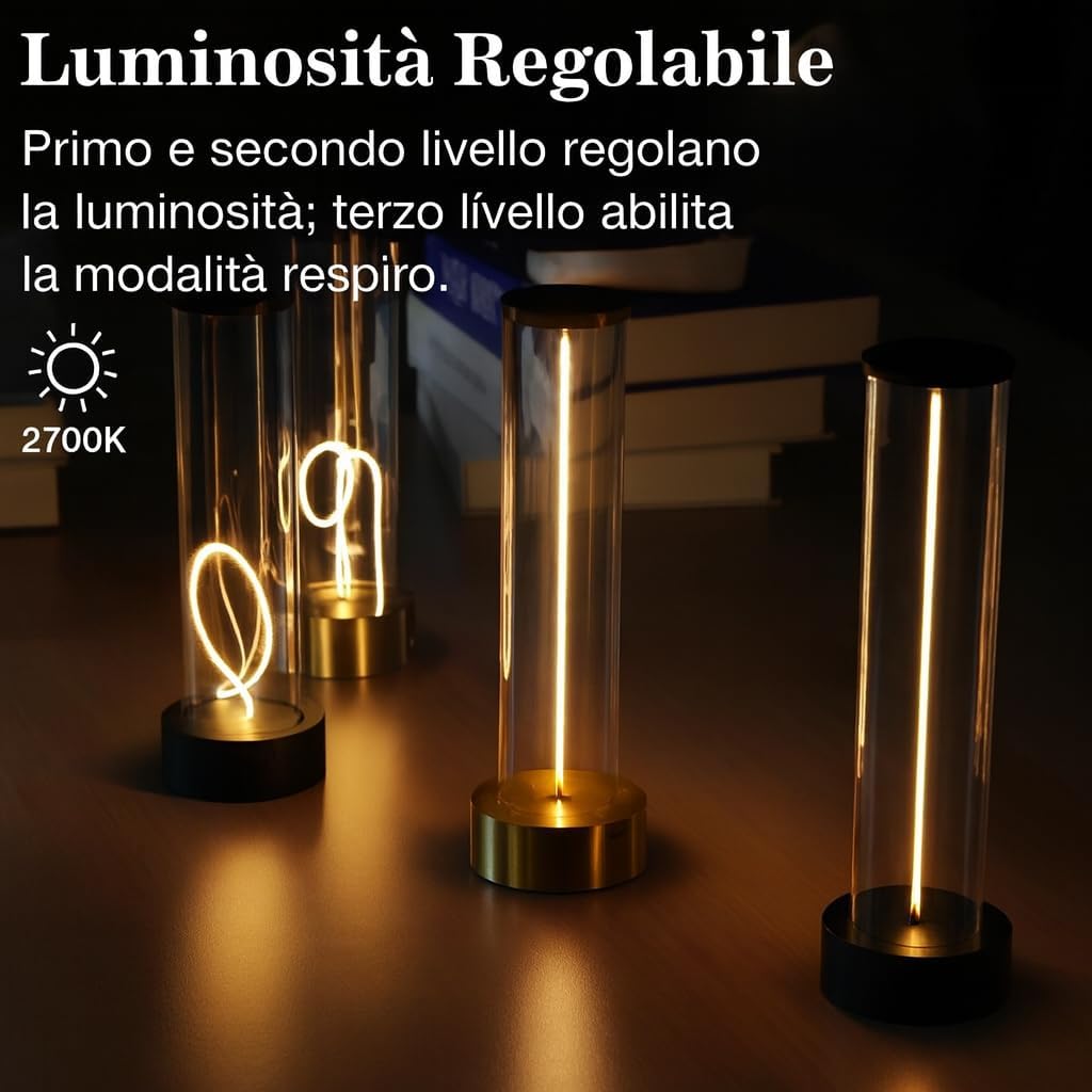 Lampada da Tavolo LED Ricaricabile 3W – Lume Senza Fili 2200K Luce Calda, Touch Control, USB, Design Moderno in Alluminio e Acrilico – Uso Interno D39