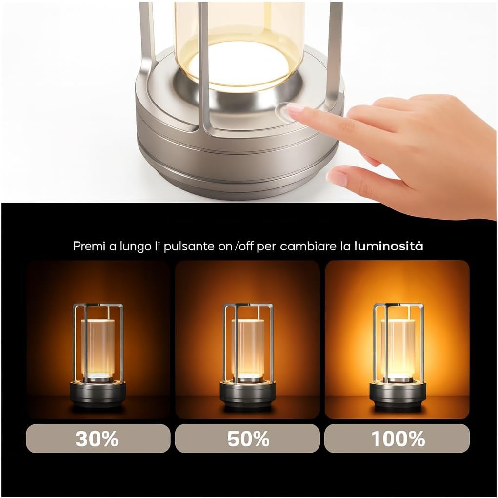 Lampada LED da Tavolo Ricaricabile 3W – Luce Portatile Touch con 3 Temperature di Colore, Batteria 2000mAh, Design Moderno in Alluminio e Acrilico – Uso Interno D37