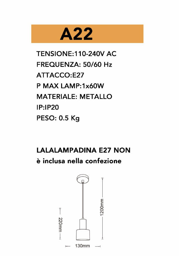 Lampadario a sospensione E27 lampada pendente minimal per cucina isola snack A22