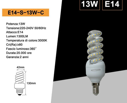 Lampadine LED E14 13W, Confezione da 10 Pezzi, 1300LM, 3000K/4000K/6500K, Lampadina LED a Spirale, Luce Calda/Naturale/Fredda, CRI>80, Illuminazione 360°, Modello E14-S-13W
