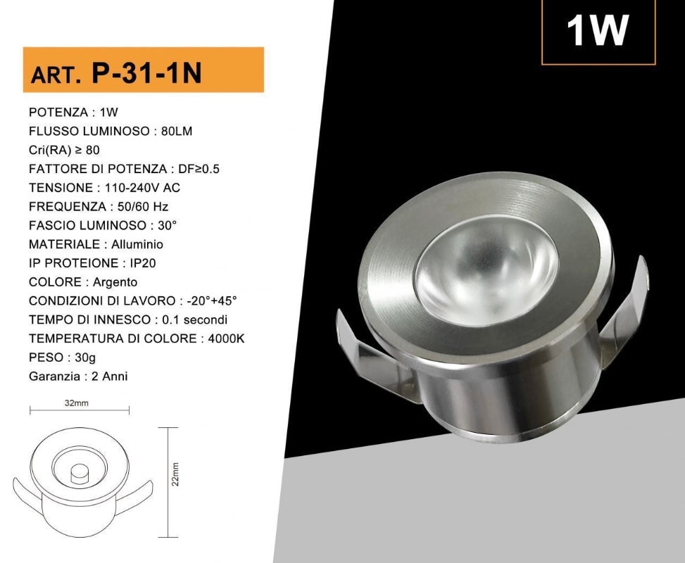 5 Pezzi,Faretti LED da Incasso 1W, Foro Ø32 mm, 80 lm, Luce 3000K/4000K/6500K o Rosso/Verde/Blu, Fascio 30°, AC 110-240V, Corpo in Alluminio, Modello P-31