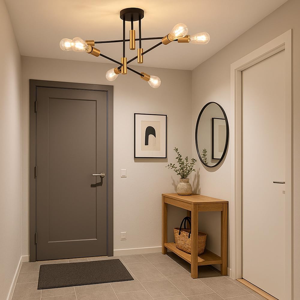 Plafoniera Moderna a Soffitto E27, Lampadario 6 Luci in Metallo Nero e Ottone, Stile Industriale per Soggiorno Cucina Camera da Letto – Attacco E27 (Lampadina Non Inclusa) PN-14