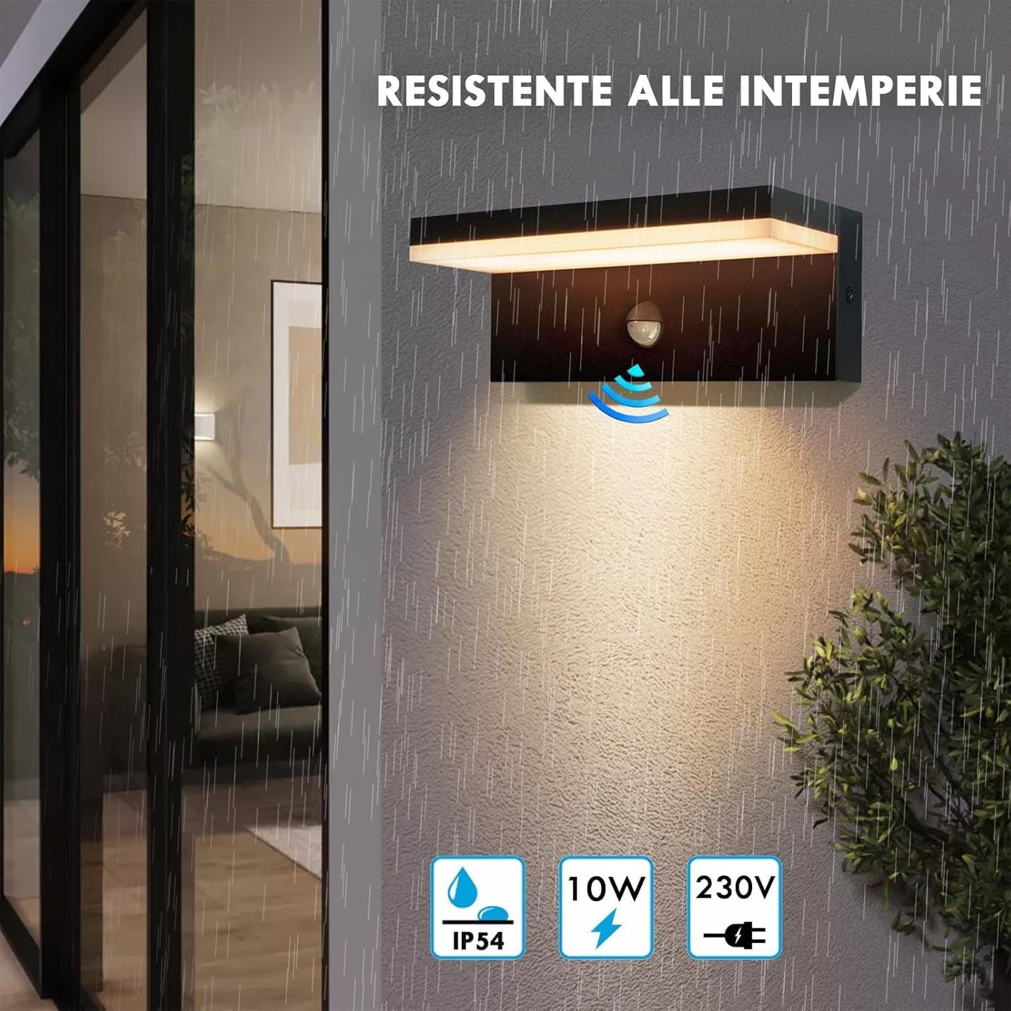 Applique LED da Esterno con Sensore di Movimento, 10W 1000LM CCT 2700K-6500K, Lampada da Parete Impermeabile Moderna in ABS+PC, per Giardino, Balcone e Ingresso – Bianco/Nero SS-ESA-01