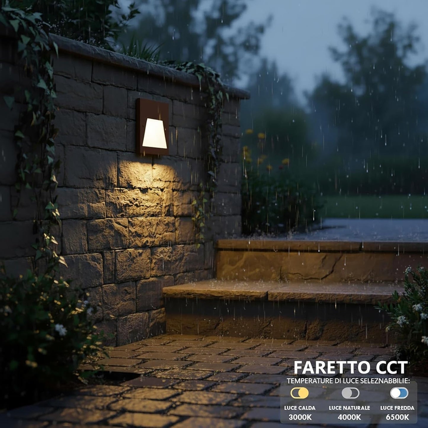 Segnapasso da Incasso LED 3W IP65 CCT-Switch – Lampada da Parete per Scale e Corridoi, Luce Selezionabile 3000K-6500K, Alluminio e Vetro, Impermeabile da Esterno e Interno ES49