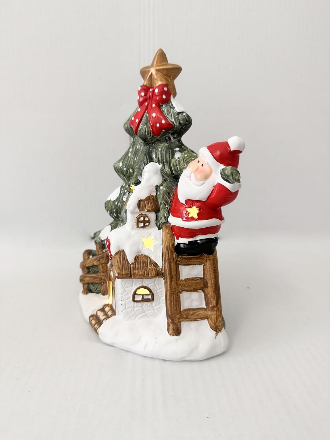 Decorazione Natalizia con Babbo Natale e Albero di Natale, Casetta Luminosa LED, Ornamento da Tavolo per Natale