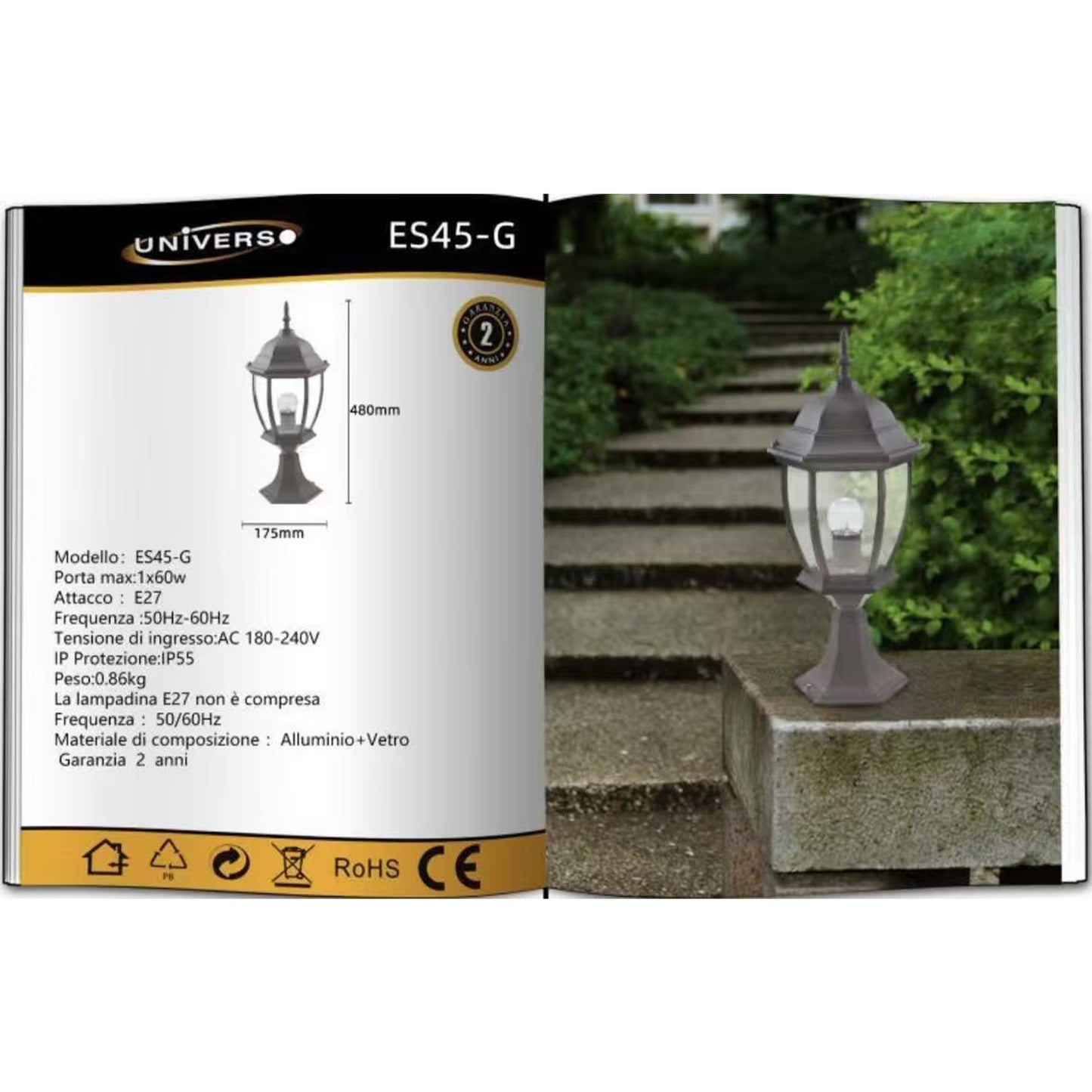 Lampada da Palo per Esterni E27 – Lanterna da Colonna Esagonale IP55 in Alluminio e Vetro – 8 Pollici – per Muro, Cancello, Pilastro, Giardino ES45