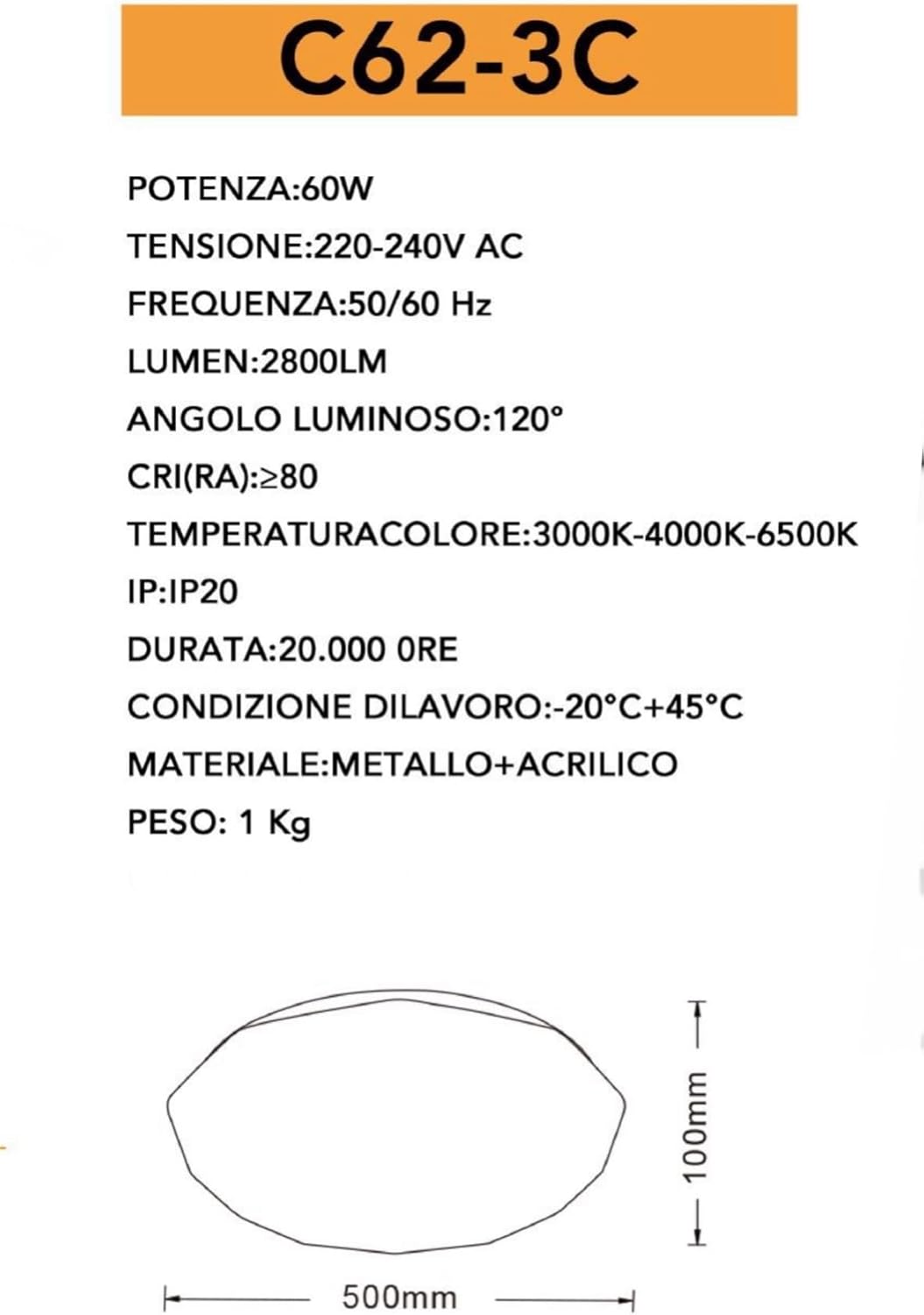 TEKHOME LAMPADARIO DA SOFFITTO LED Ø500mm, 60W, CCT 3000K-6500K, Copertura Puntinata, Controllo 2.4G, Luce a Tre Colori C62-3C