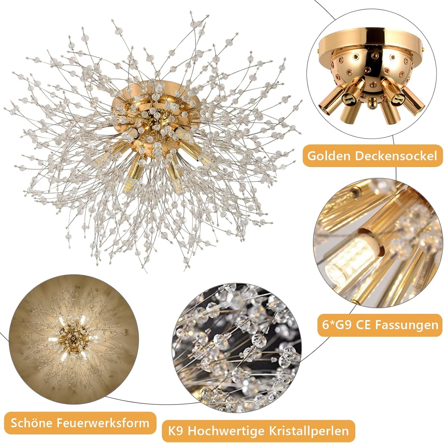 TEKHOME Lampadario Camera Da Letto Moderni, Oro/Argento, Plafoniera soffitto con cristalli di fuochi d'artificio, 10X G9, Lampade a sospensione pre Soggiorno, Cameretta PN-13