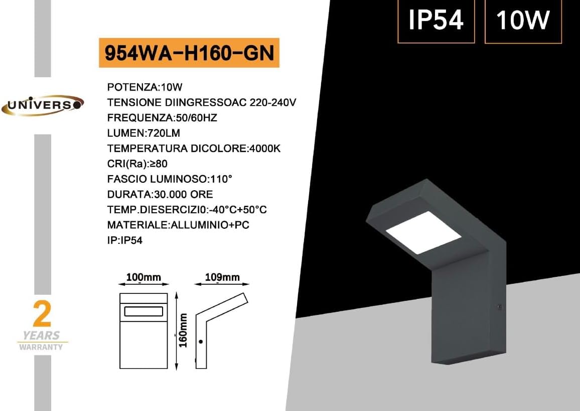 Applique LED da Esterno 10W IP54 4000K, Lampada da Parete Moderna in Alluminio e PC, Impermeabile per Facciata, Balcone e Giardino - Bianco/Grigio Scuro H160