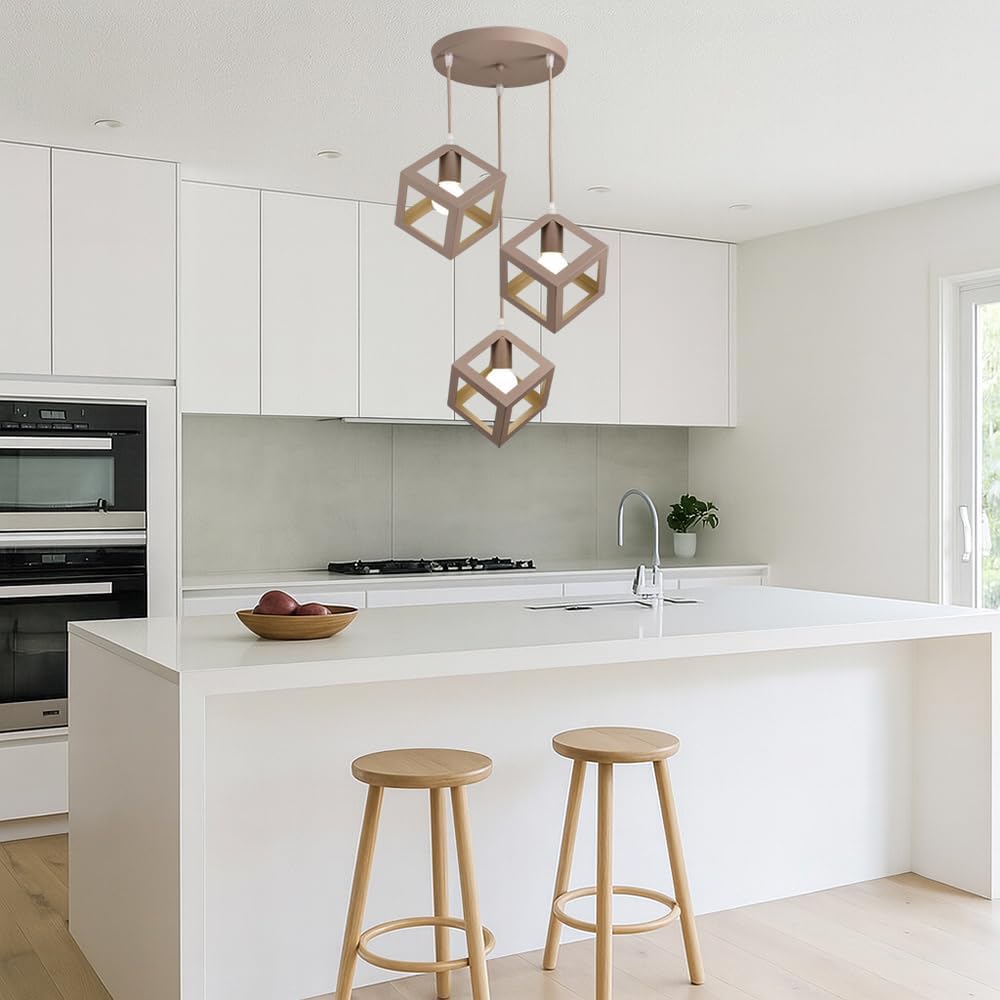 Lampadario a Sospensione con 3 Cubi Metallo, Attacco E27, Stile Moderno Industriale per Cucina Soggiorno Camera da Letto – 120cm Regolabile.Bianco/Nero/Marrone LP-47