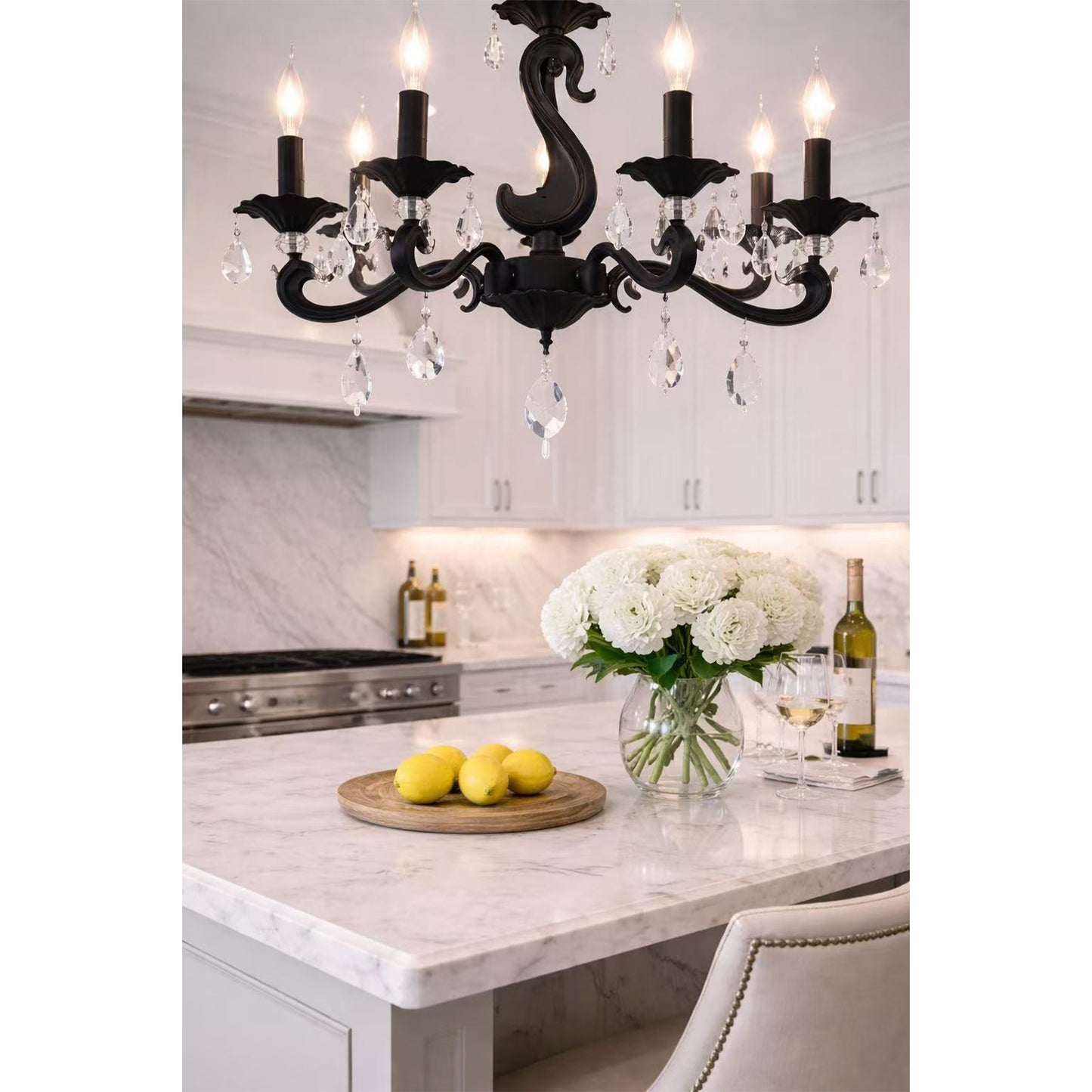 Lampadario a Sospensione Classico in Vetro e Metallo, 5 Luci E14, Stile Elegante per Soggiorno e Camera da Letto, Colori Bianco o Nero – A15-5