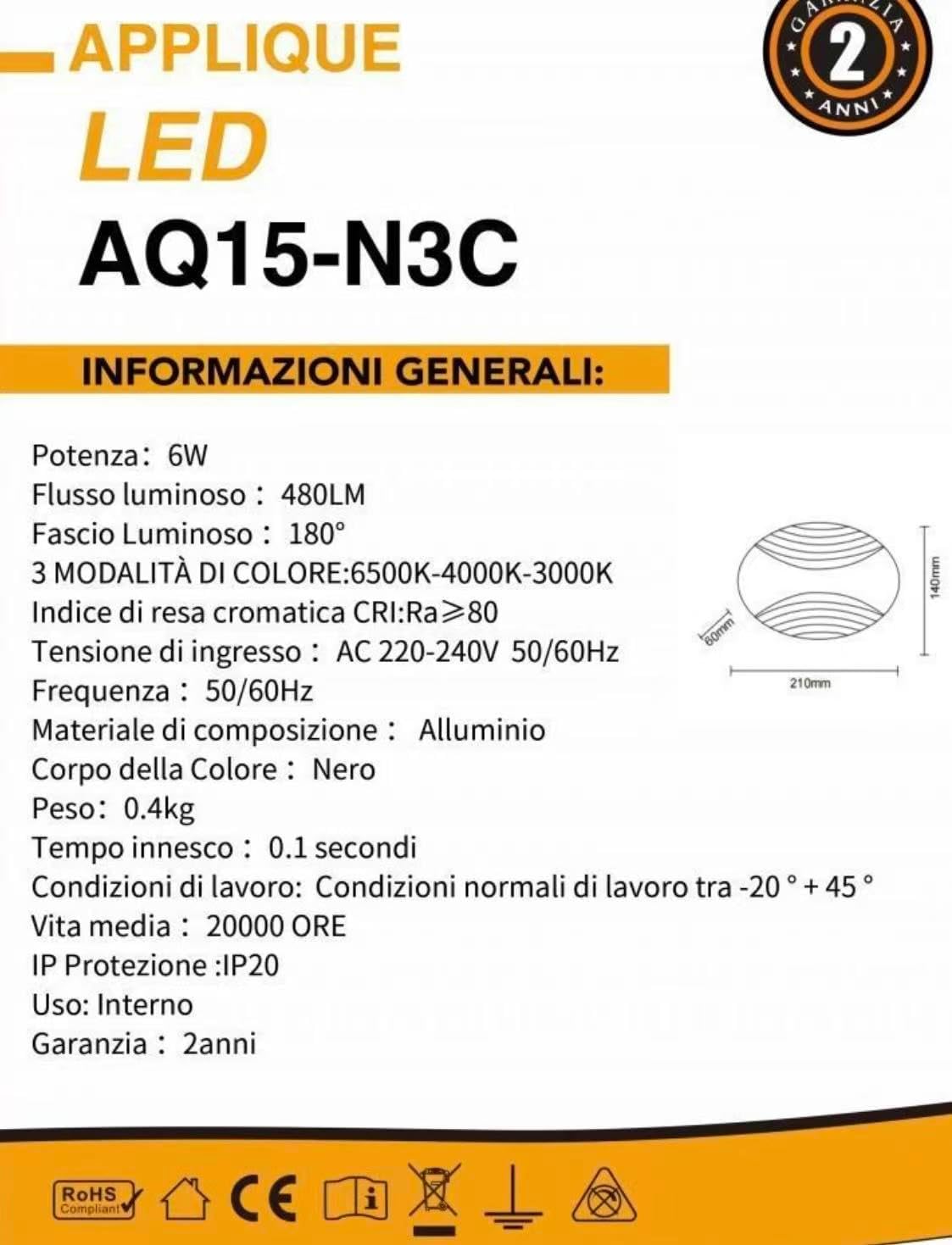 TEKHOME Applique LED da Muro 6W Moderno Interno, Lampada da Parete con 3 Colori Selezionabili 3000K-6500K, Design Decorativo Bianco/Nero AQ15