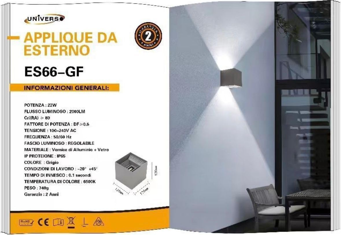 Applique da Esterno LED 22W IP65 – Lampada da Parete Moderna Up&Down Regolabile, Alluminio, 2000 Lumen, Bianco/Nero/Grigio, Luce 3000K/4000K/6500K ES66