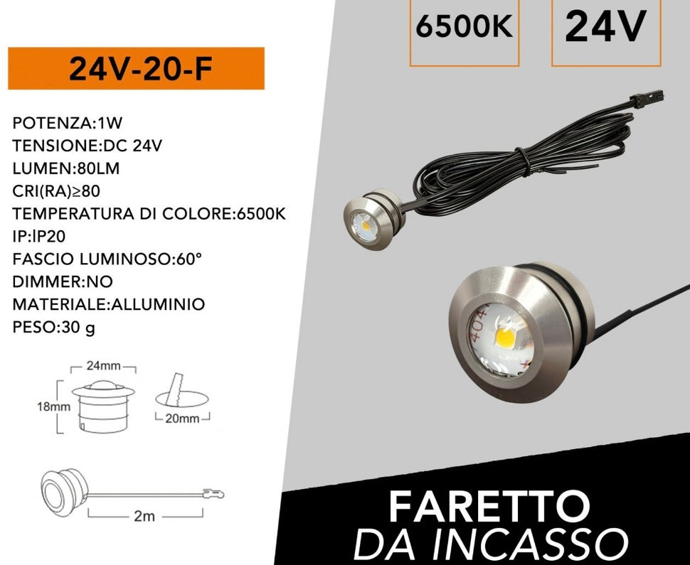 5 Pezzi, Mini Faretti LED da Incasso 24V DC 1W, Foro Ø20 mm, 80 lm, CRI≥80, Fascio 60°, Cavo 2 m, Faretti LED per Mobili, Cucina, Camper, Barca e Vetrine, Modello 24V-20