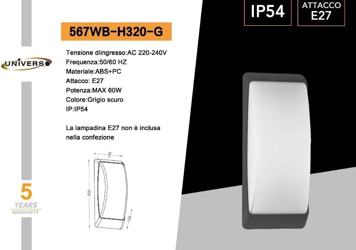 Applique da Esterno IP54 Attacco E27, Lampada da Parete Moderna Impermeabile in ABS+PC, Compatibile con Lampadine fino a 60W, per Facciata, Balcone, Corridoio - Bianco/Grigio Scuro H320