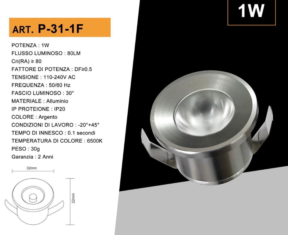 5 Pezzi,Faretti LED da Incasso 1W, Foro Ø32 mm, 80 lm, Luce 3000K/4000K/6500K o Rosso/Verde/Blu, Fascio 30°, AC 110-240V, Corpo in Alluminio, Modello P-31