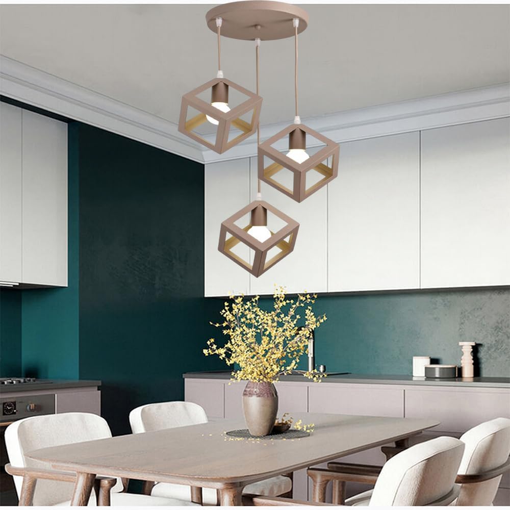 Lampadario a Sospensione con 3 Cubi Metallo, Attacco E27, Stile Moderno Industriale per Cucina Soggiorno Camera da Letto – 120cm Regolabile.Bianco/Nero/Marrone LP-47