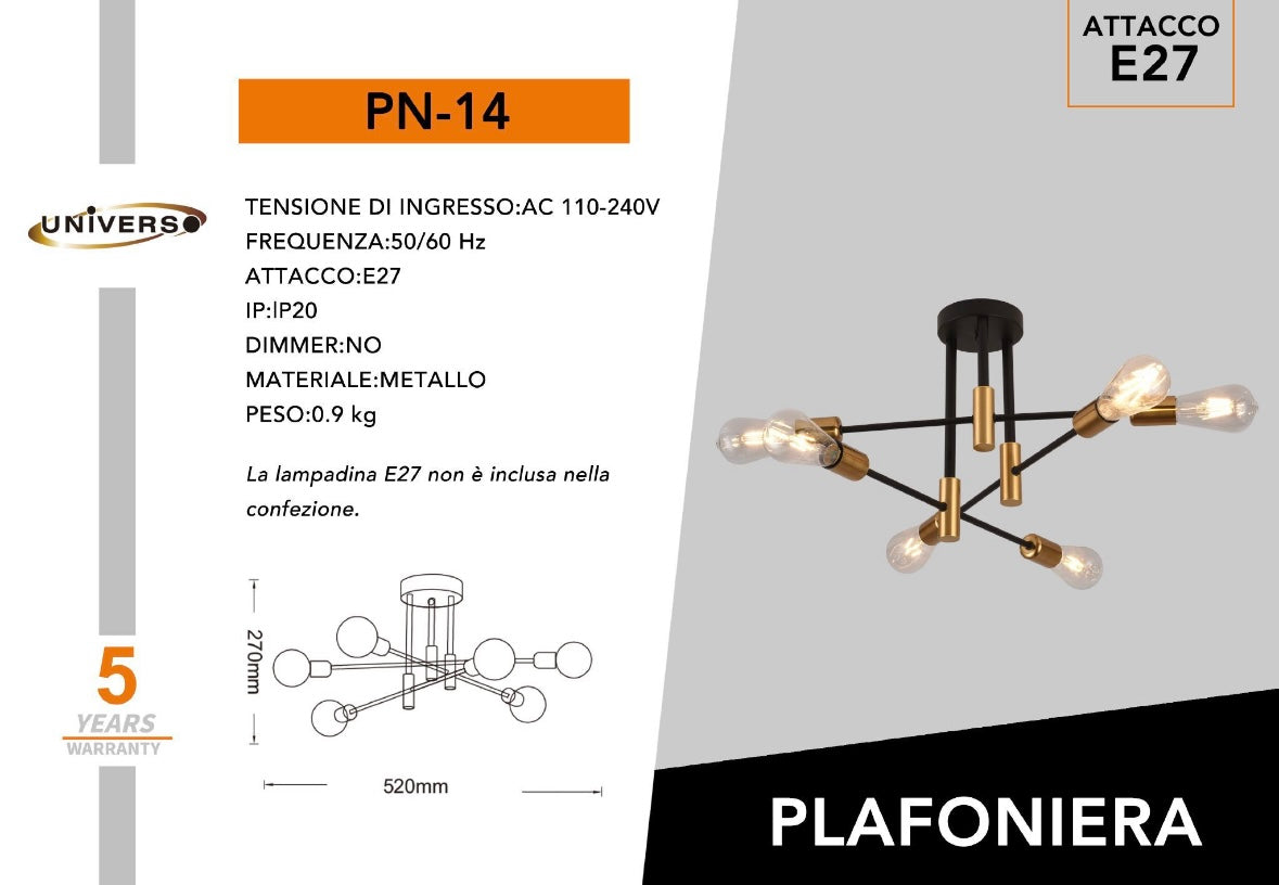 Plafoniera Moderna a Soffitto E27, Lampadario 6 Luci in Metallo Nero e Ottone, Stile Industriale per Soggiorno Cucina Camera da Letto – Attacco E27 (Lampadina Non Inclusa) PN-14