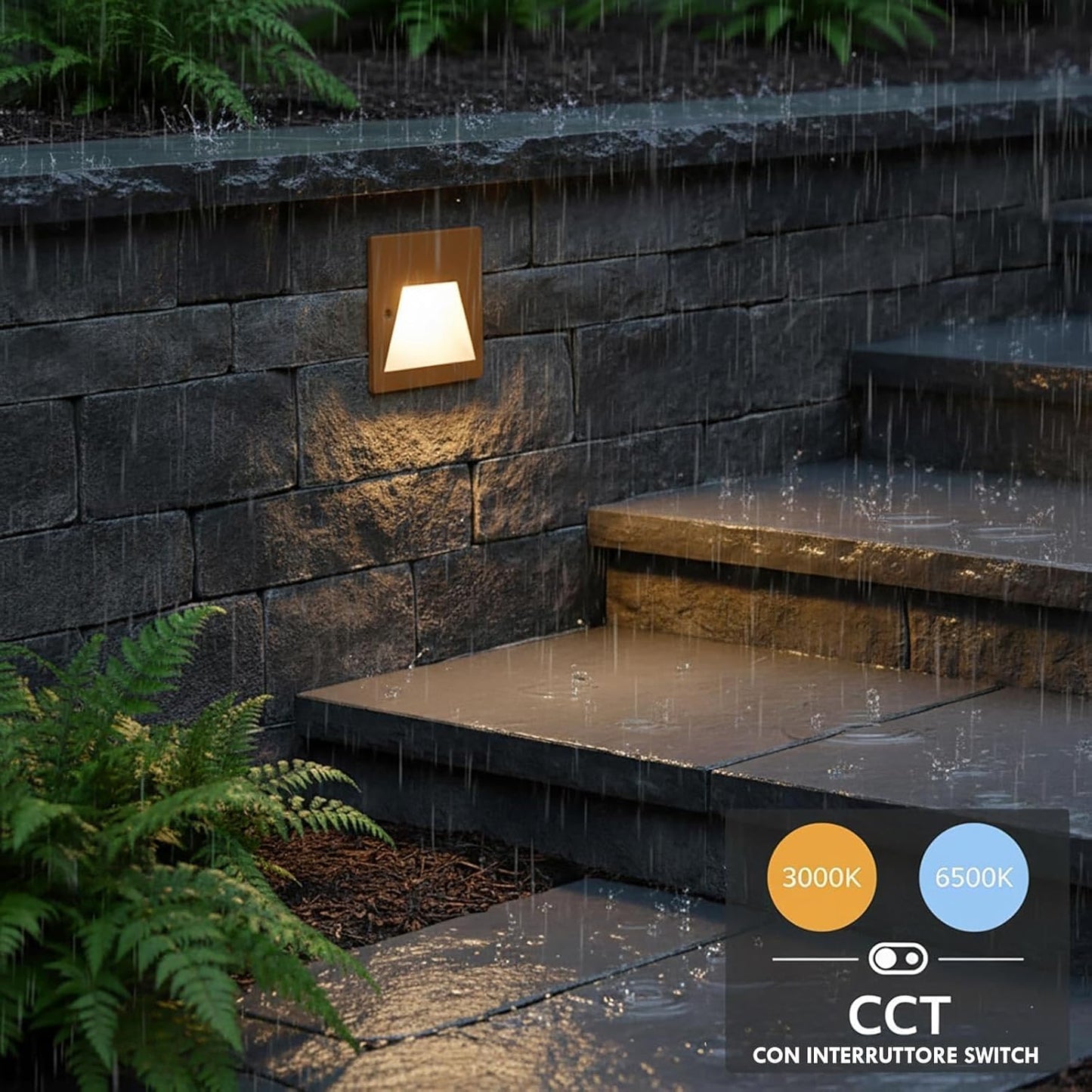 Segnapasso da Incasso LED 3W IP65 CCT-Switch – Lampada da Parete per Scale e Corridoi, Luce Selezionabile 3000K-6500K, Alluminio e Vetro, Impermeabile da Esterno e Interno ES49