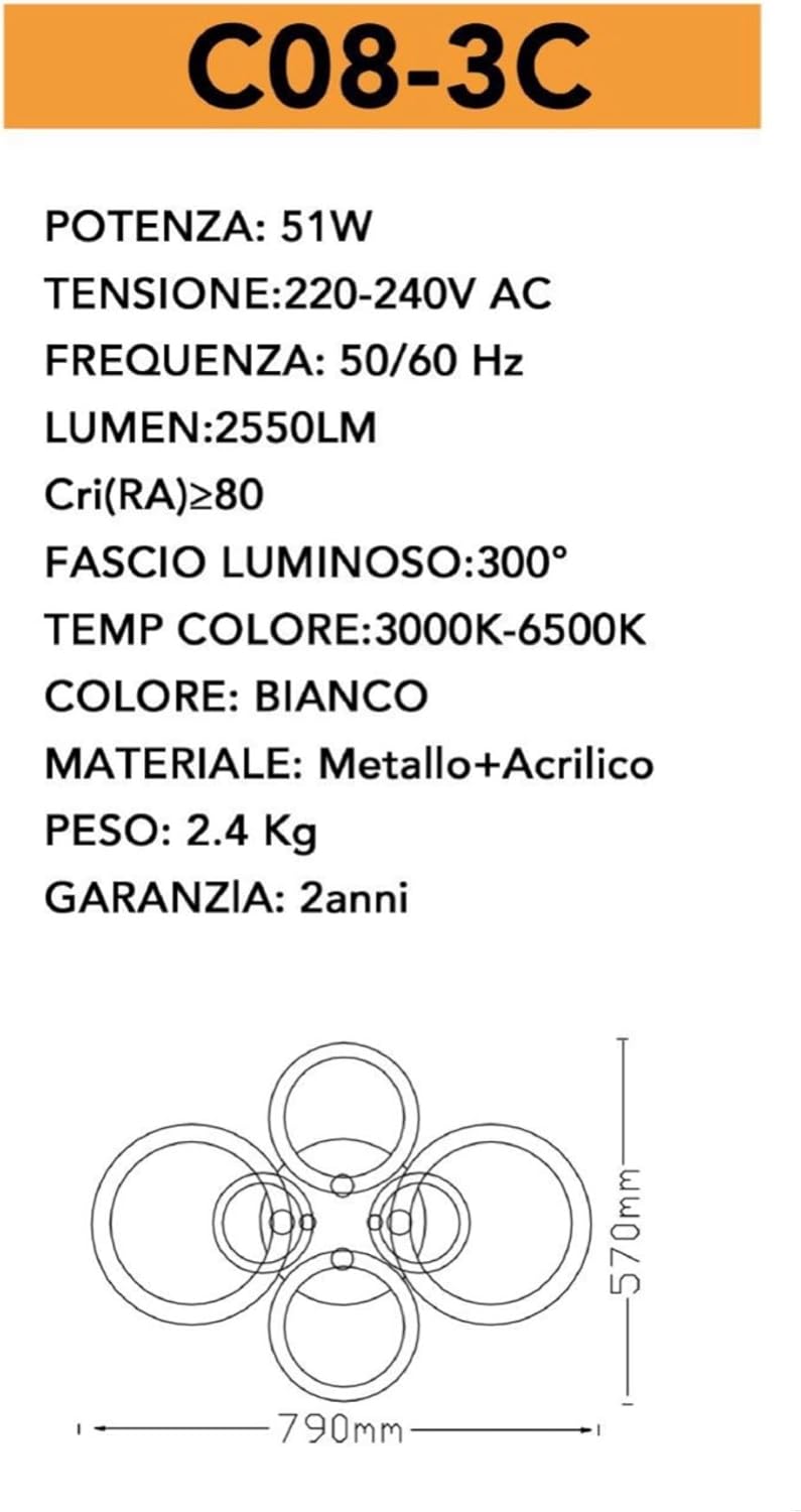 TEKHOME Lampadario da soffitto led 6 luci cerchi plafoniera design stile moderno lampada per camera salotto 3 colore della luce C08-3C