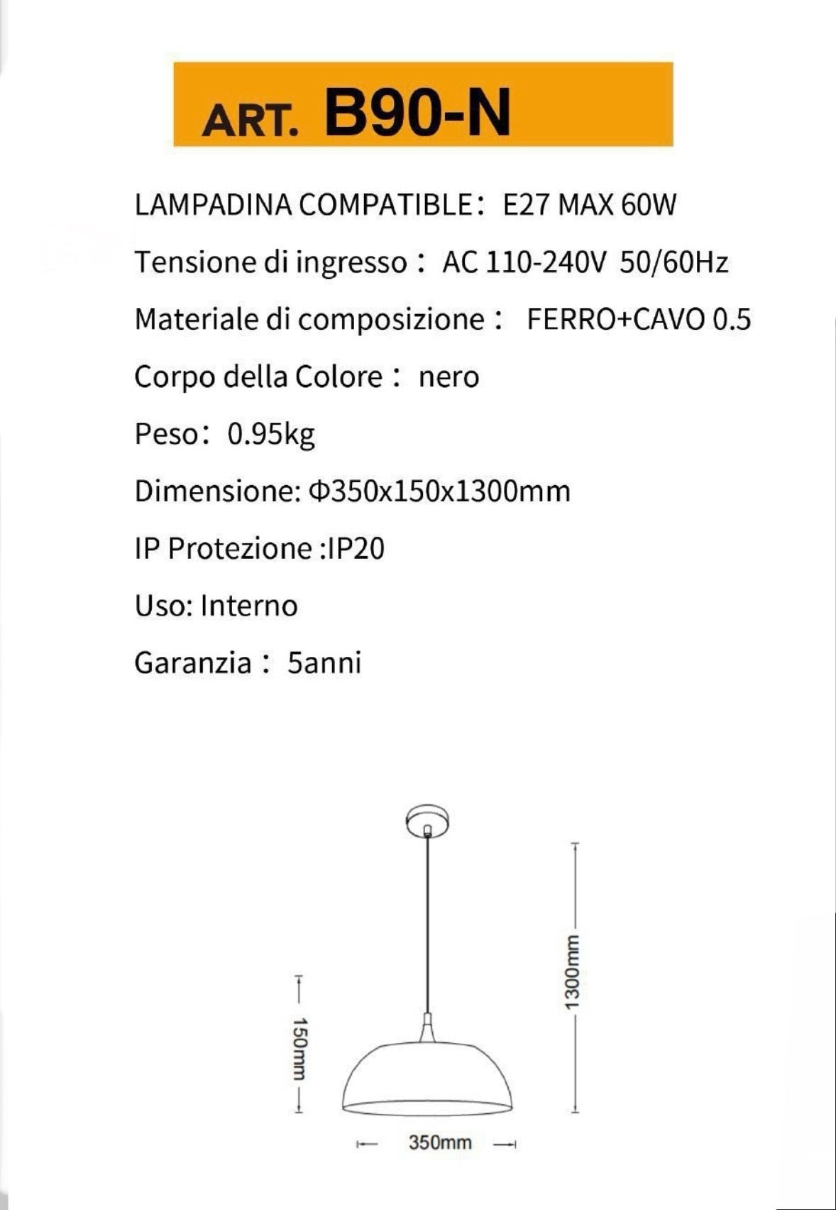 Lampadario a sospensione stile contemporaneo in metallo pendente a cupola attacco E27 luce tavolo cucina di colore nero o bianco Ø35 cm  B90
