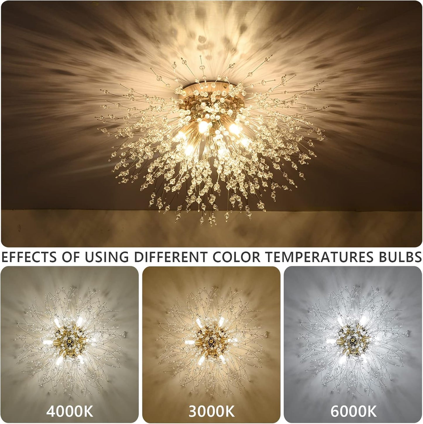 TEKHOME Lampadario Camera Da Letto Moderni, Oro/Argento, Plafoniera soffitto con cristalli di fuochi d'artificio, 10X G9, Lampade a sospensione pre Soggiorno, Cameretta PN-13