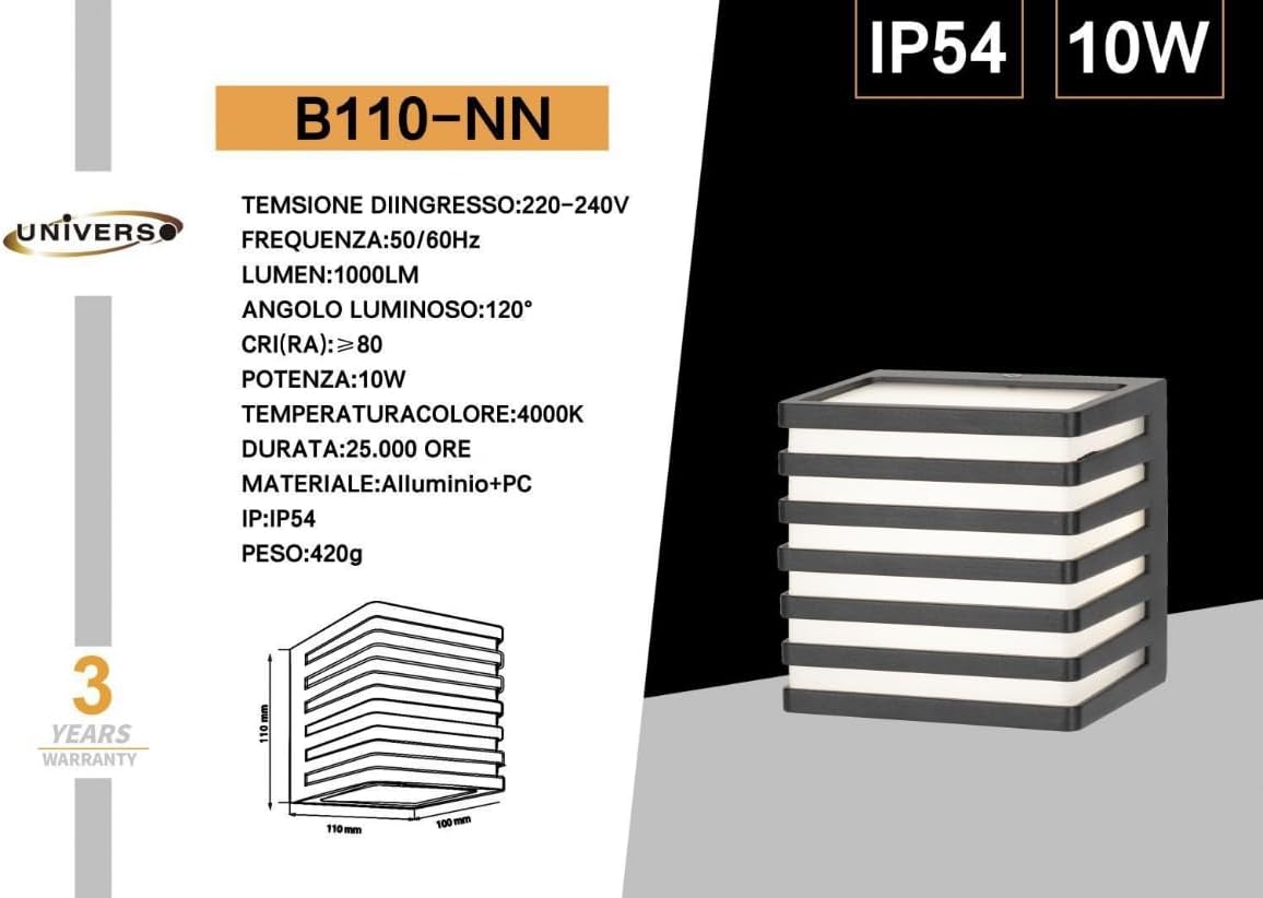 Applique da Esterno LED 10W IP54, Lampada da Parete Moderna in Alluminio e PC 1000LM, Bianco o Nero, Regolabile, per Facciate, Giardini e Balconi B110