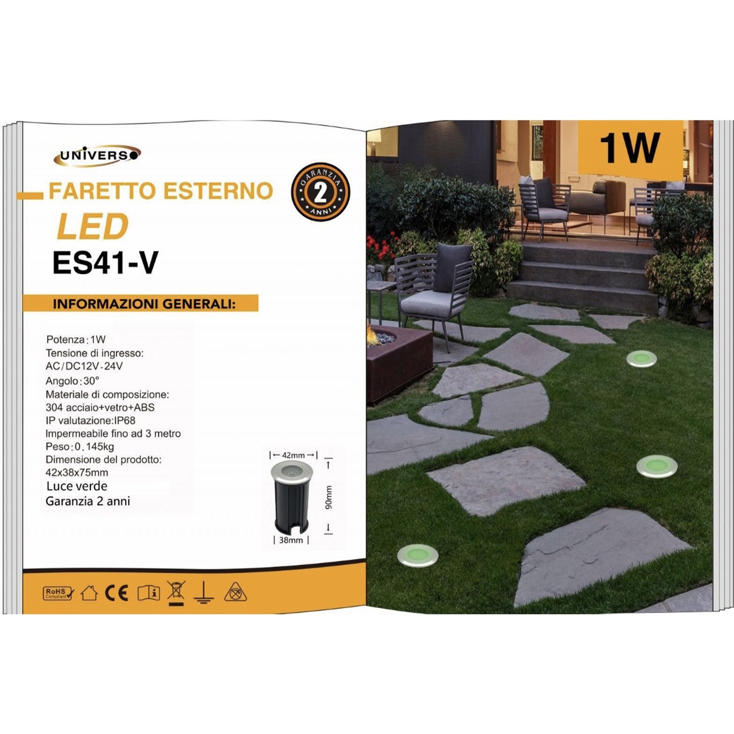 3 Pezzi – Faretti da Incasso LED da Esterno IP68 1W 12V-24V – Luci da Terra per Giardino/Sentiero/Prato – Acciaio 304 + Vetro – Colori Disponibili ES41
