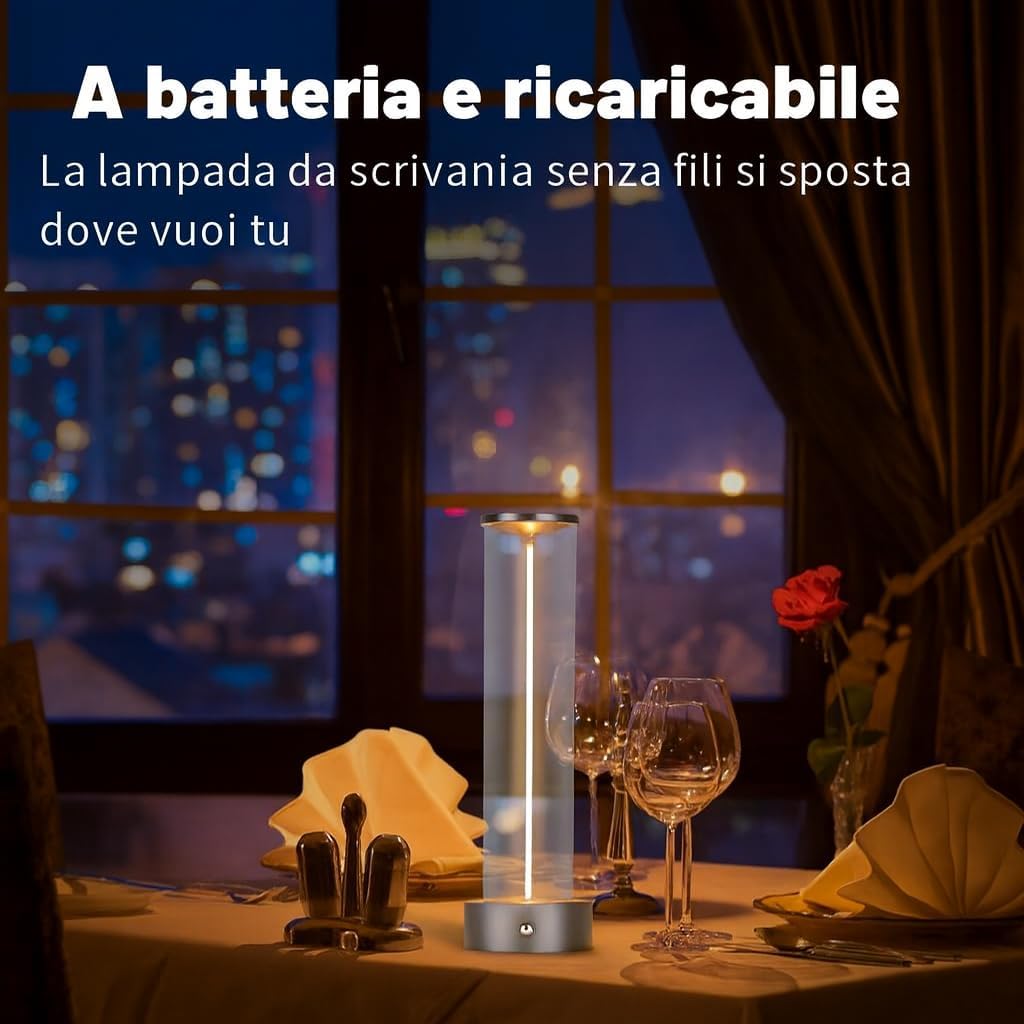 Lampada da Tavolo LED Ricaricabile 3W – Lume Senza Fili 2200K Luce Calda, Touch Control, USB, Design Moderno in Alluminio e Acrilico – Uso Interno D39