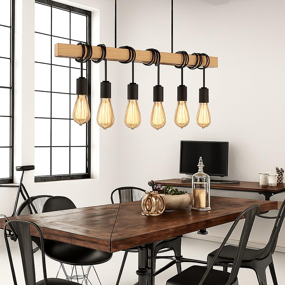 TEKHOME Lampada Sospesa a Soffitto con Paralume in Legno, Lampadario Design Industriale/Scandinavo con Attacco E27, per Cucina Isola Tavolo Bar, 110-240V, (Lampadina Non Inclusa) B47-6