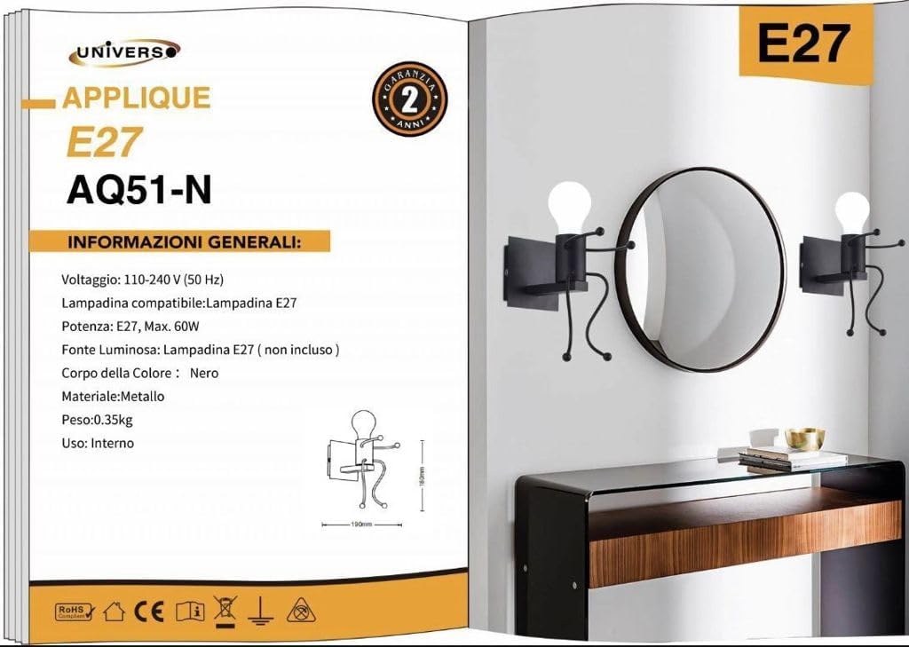 TEKHOME Applique da Muro Design Creativo con Figura Umana, E27 1x60W, Metallo Bianco/Nero, Lampada da Parete Moderna per Camera da Letto Soggiorno Corridoio AQ51