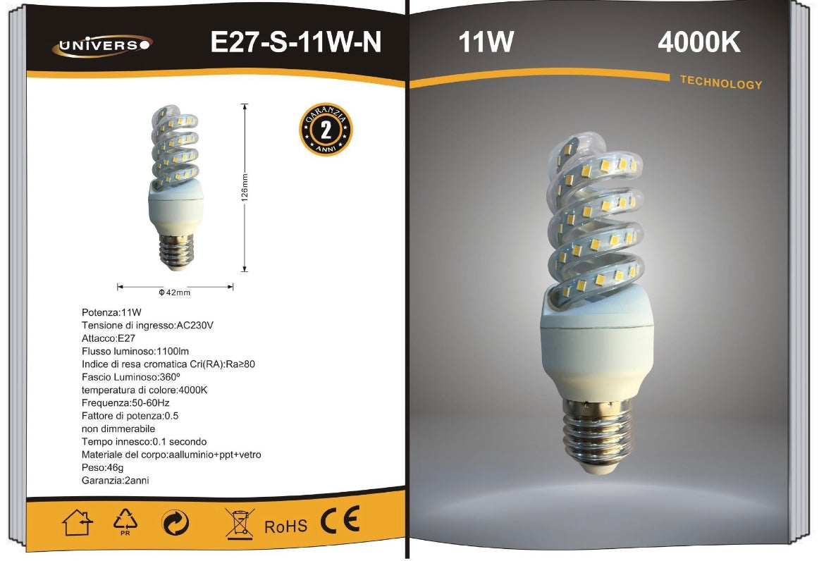 Lampadine LED E27 11W, Confezione da 10 Pezzi, 1100LM, 3000K/4000K/6500K, Lampadina LED a Spirale, Luce Calda/Naturale/Fredda, CRI>80, Illuminazione 360°, Risparmio Energetico, E27-S-11W