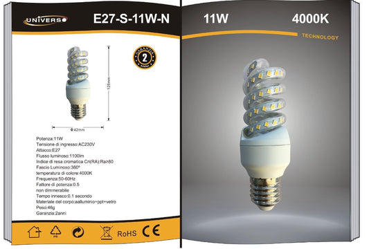 Lampadine LED E27 11W, Confezione da 10 Pezzi, 1100LM, 3000K/4000K/6500K, Lampadina LED a Spirale, Luce Calda/Naturale/Fredda, CRI>80, Illuminazione 360°, Risparmio Energetico, E27-S-11W