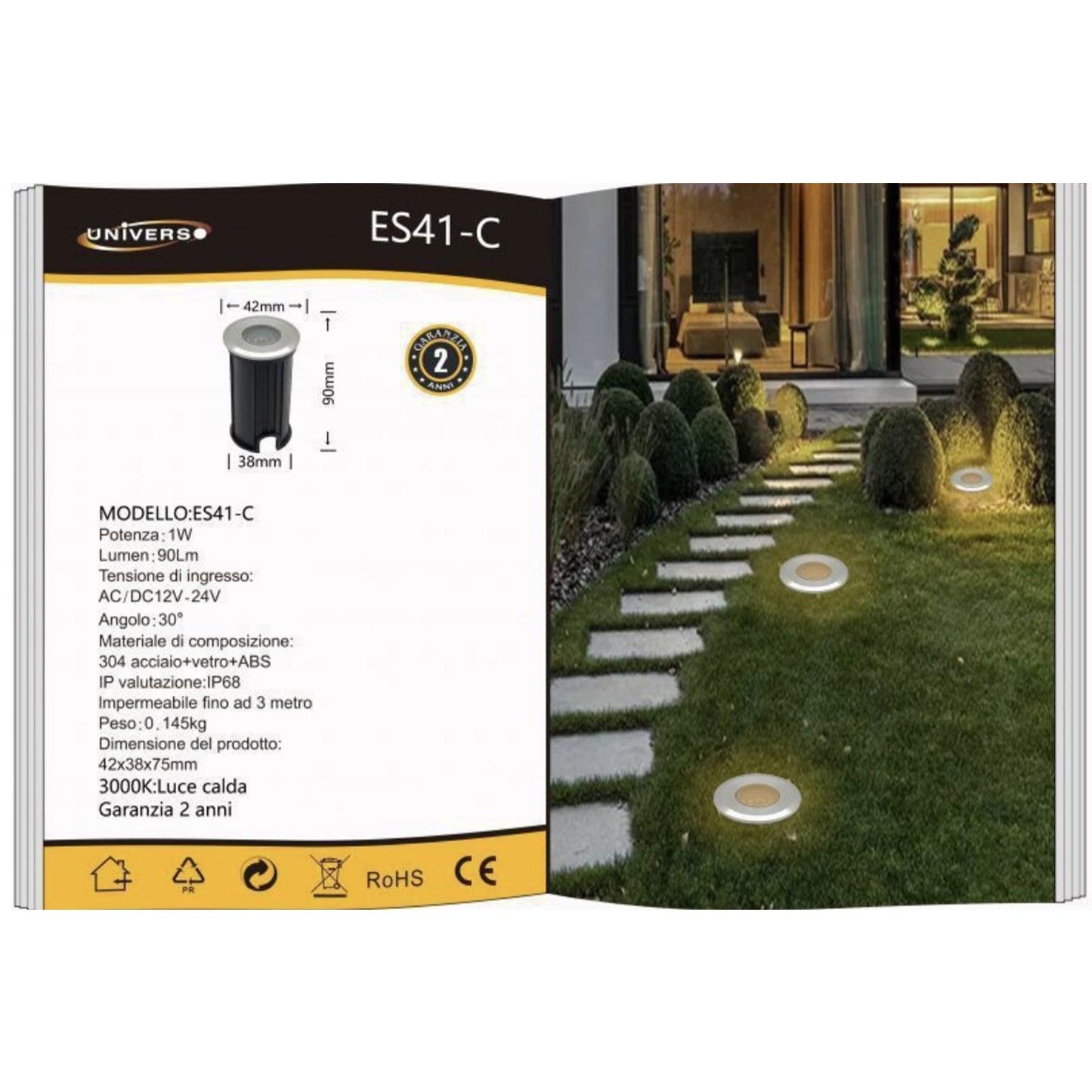 3 Pezzi – Faretti da Incasso LED da Esterno IP68 1W 12V-24V – Luci da Terra per Giardino/Sentiero/Prato – Acciaio 304 + Vetro – Colori Disponibili ES41