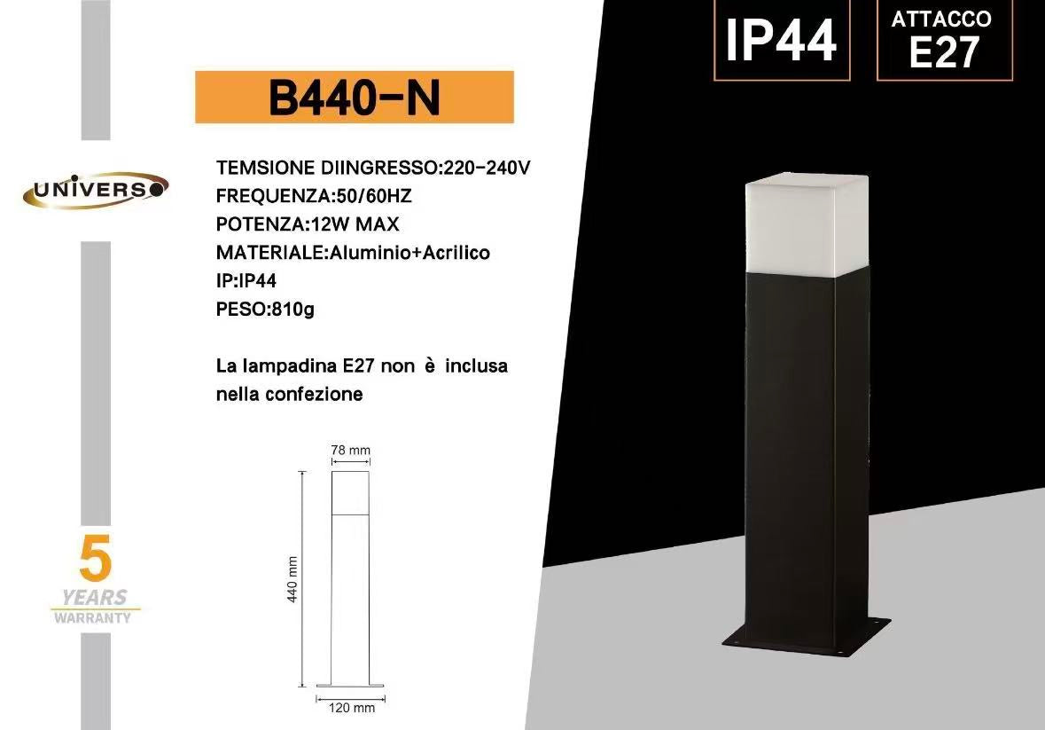 Lampione da Giardino Esterno IP44 con Attacco E27, Palo Luce da Esterno in Alluminio, Colonna Luminosa per Giardino, Vialetto, Terrazza – 440mm-B440