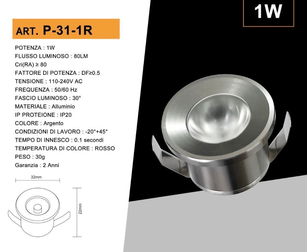 5 Pezzi,Faretti LED da Incasso 1W, Foro Ø32 mm, 80 lm, Luce 3000K/4000K/6500K o Rosso/Verde/Blu, Fascio 30°, AC 110-240V, Corpo in Alluminio, Modello P-31