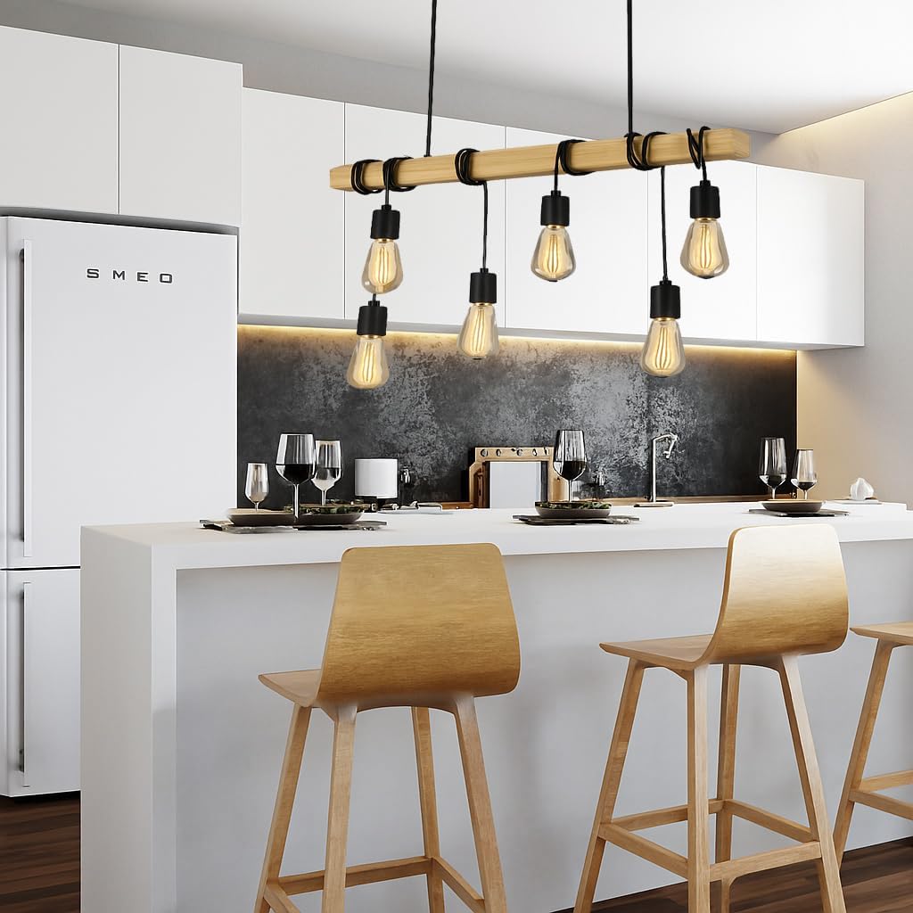 TEKHOME Lampada Sospesa a Soffitto con Paralume in Legno, Lampadario Design Industriale/Scandinavo con Attacco E27, per Cucina Isola Tavolo Bar, 110-240V, (Lampadina Non Inclusa) B47-6
