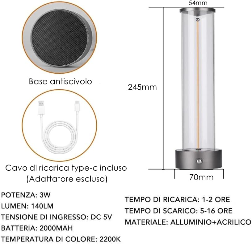 Lampada da Tavolo LED Ricaricabile 3W – Lume Senza Fili 2200K Luce Calda, Touch Control, USB, Design Moderno in Alluminio e Acrilico – Uso Interno D39