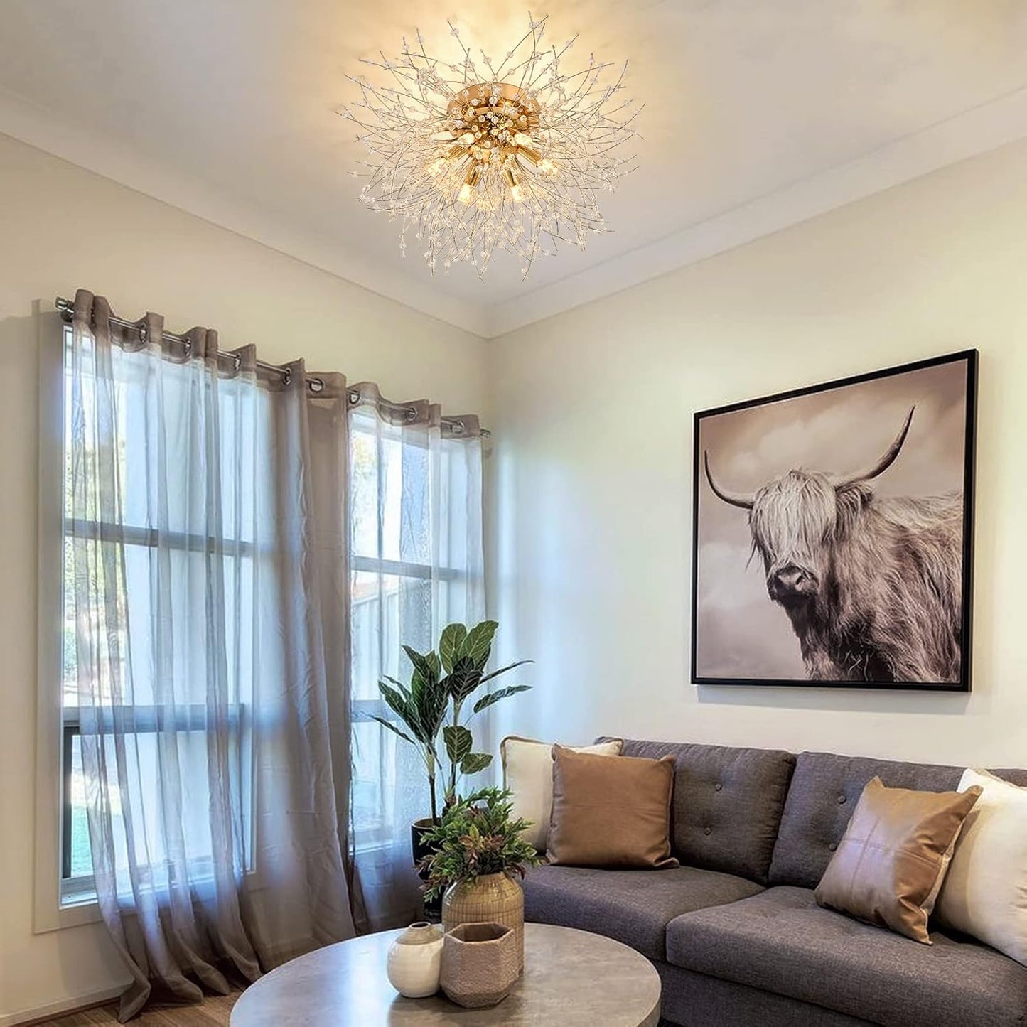 TEKHOME Lampadario Camera Da Letto Moderni, Oro/Argento, Plafoniera soffitto con cristalli di fuochi d'artificio, 10X G9, Lampade a sospensione pre Soggiorno, Cameretta PN-13