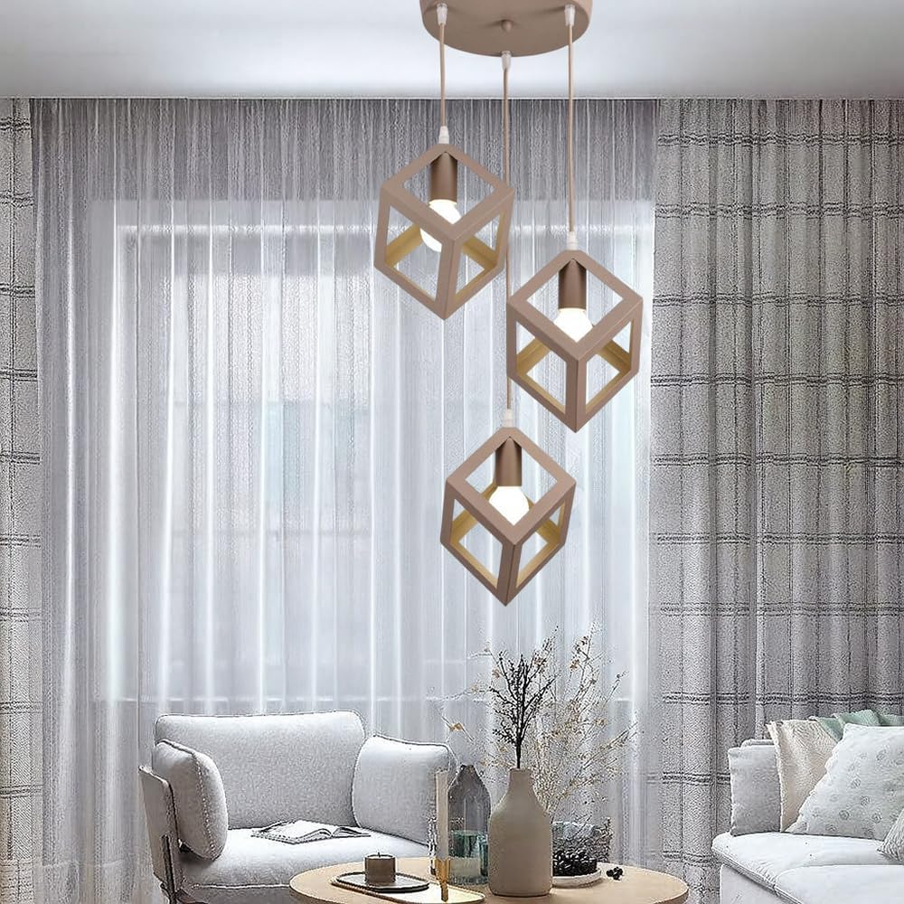 Lampadario a Sospensione con 3 Cubi Metallo, Attacco E27, Stile Moderno Industriale per Cucina Soggiorno Camera da Letto – 120cm Regolabile.Bianco/Nero/Marrone LP-47