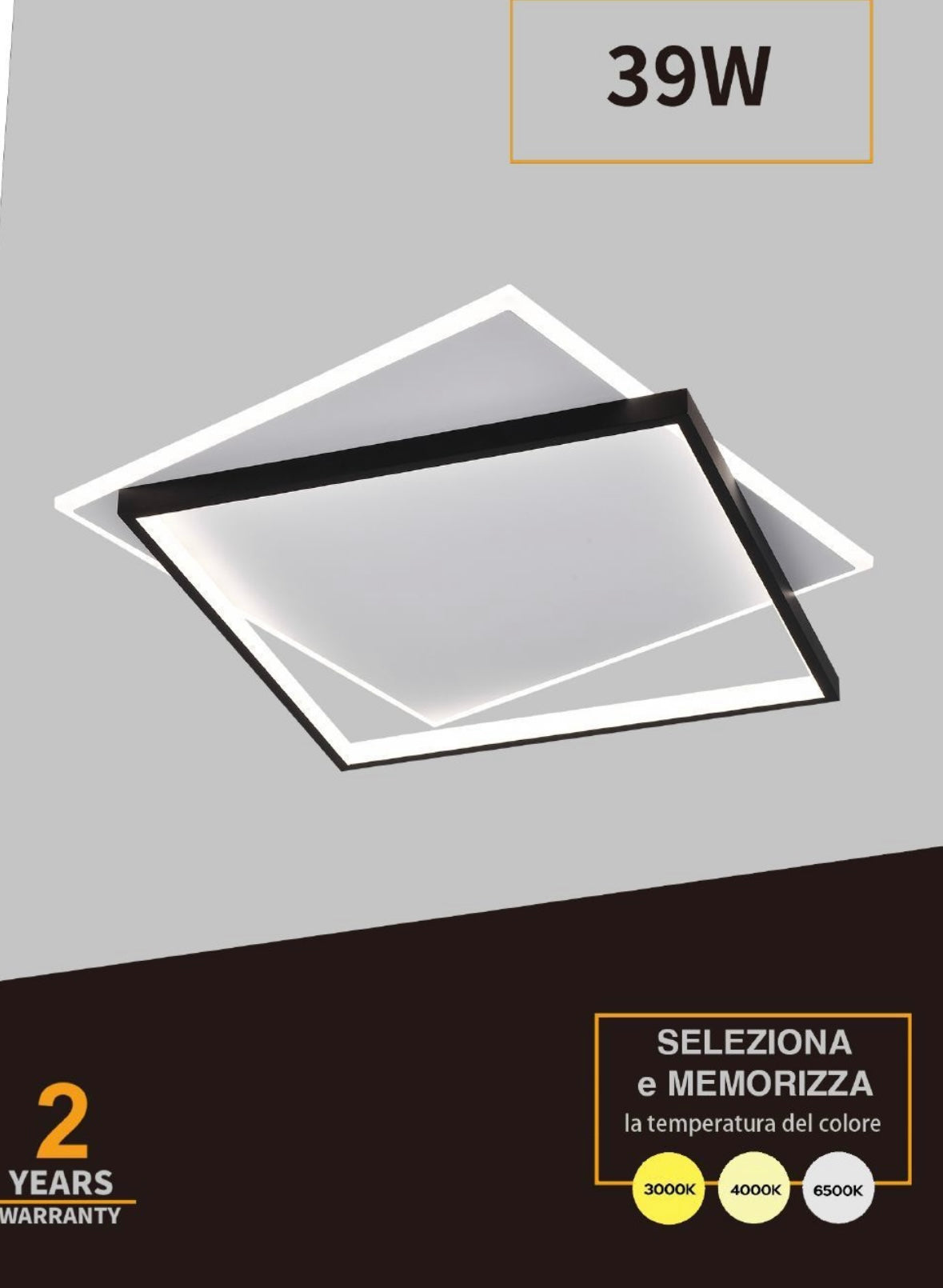 TEKHOME Lampada da soffitto LED 39W, 3120lm, 3 modalità colore, dimmerabile, design moderno a due quadrati sovrapposti, bianco e nero, interno, 445x530mm C57