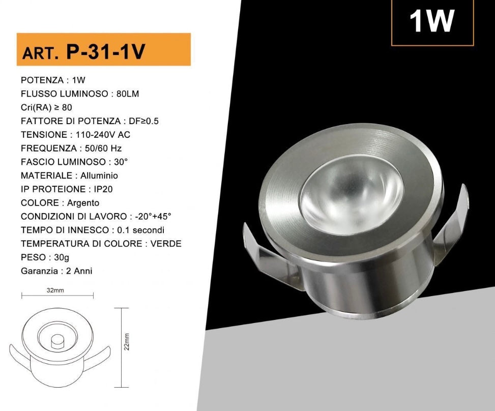 5 Pezzi,Faretti LED da Incasso 1W, Foro Ø32 mm, 80 lm, Luce 3000K/4000K/6500K o Rosso/Verde/Blu, Fascio 30°, AC 110-240V, Corpo in Alluminio, Modello P-31